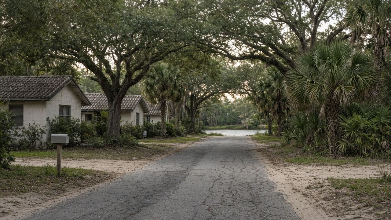 A Central Florida residential street, tile roofs under live oaks, a pond at the end of the block