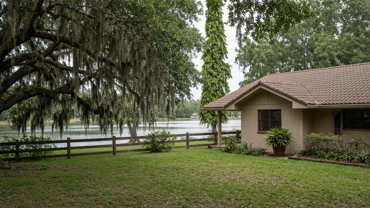 An inland house under live oaks, a lake past the fence