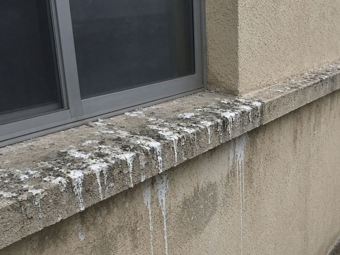 White bird droppings along a concrete window ledge