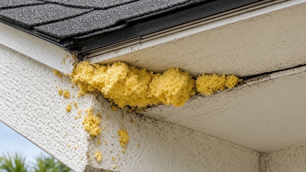 Chewed spray foam in a gap under a Florida soffit