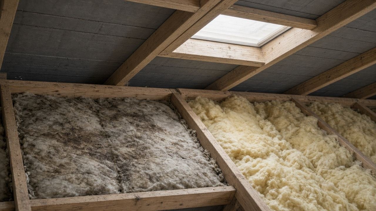 One attic bay of matted insulation beside a bay that is still clean