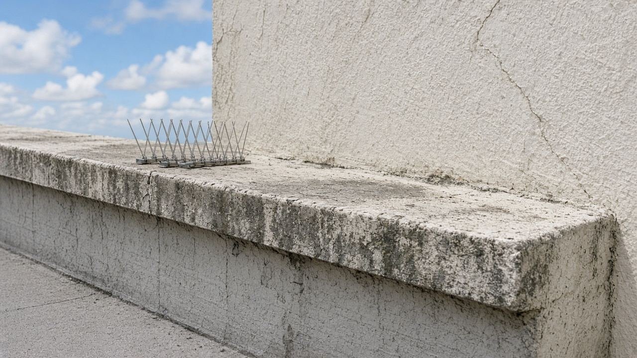 Metal spikes on part of a concrete ledge, the rest of the ledge empty