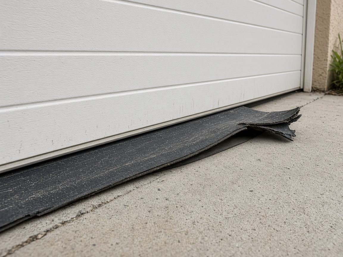 Worn rubber sweep along the bottom of a garage door