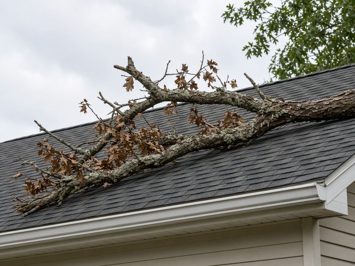 An oak limb resting on asphalt shingles