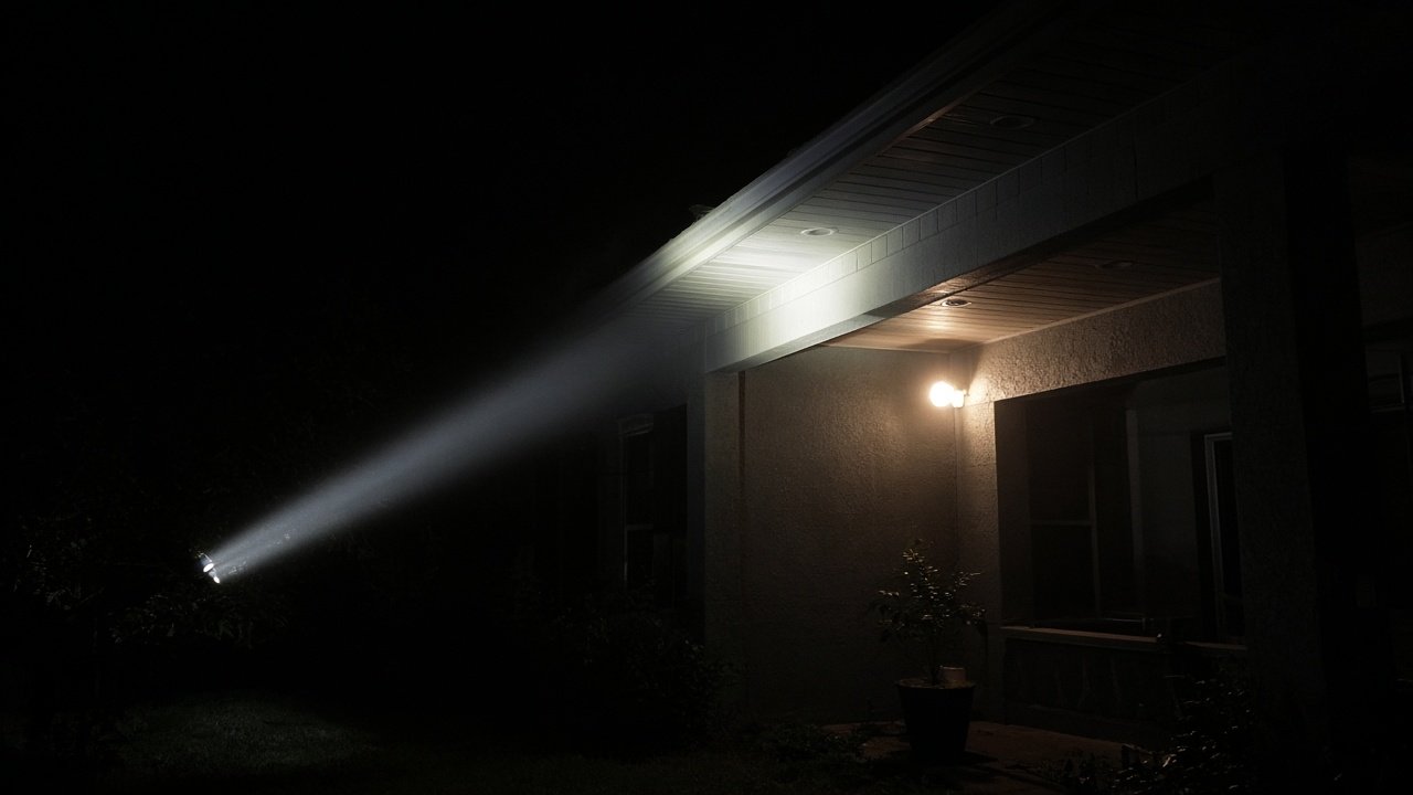 A flashlight beam on a soffit at night