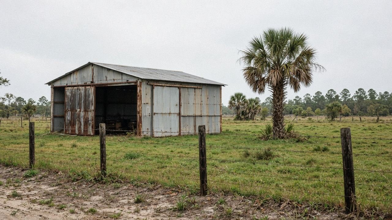 A metal equipment shed and a pasture fence