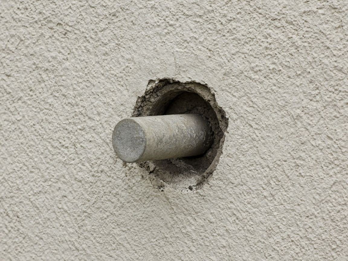 Dark gap around a pipe where it enters a stucco wall
