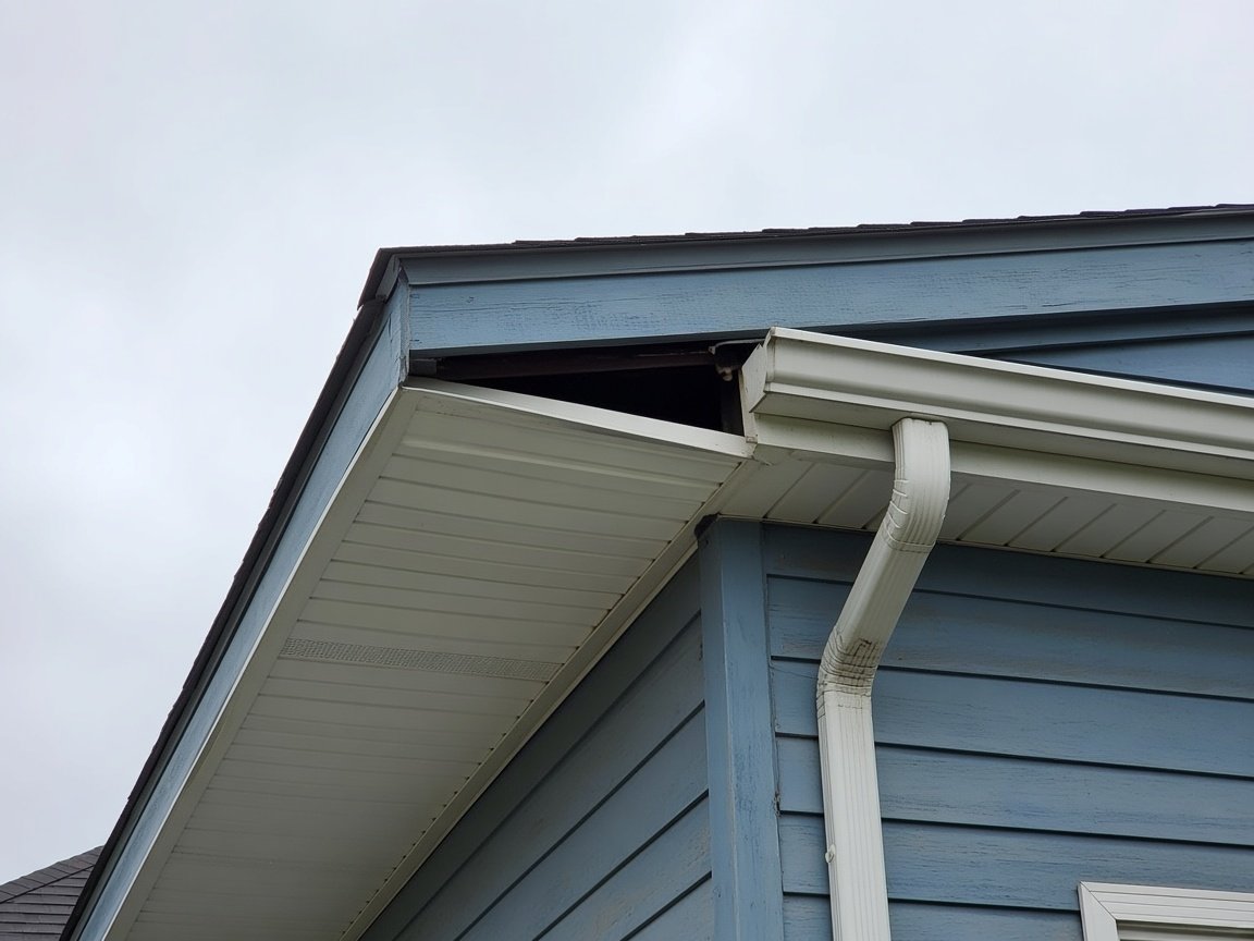 One soffit panel open at the eave, gutter and shingles still attached