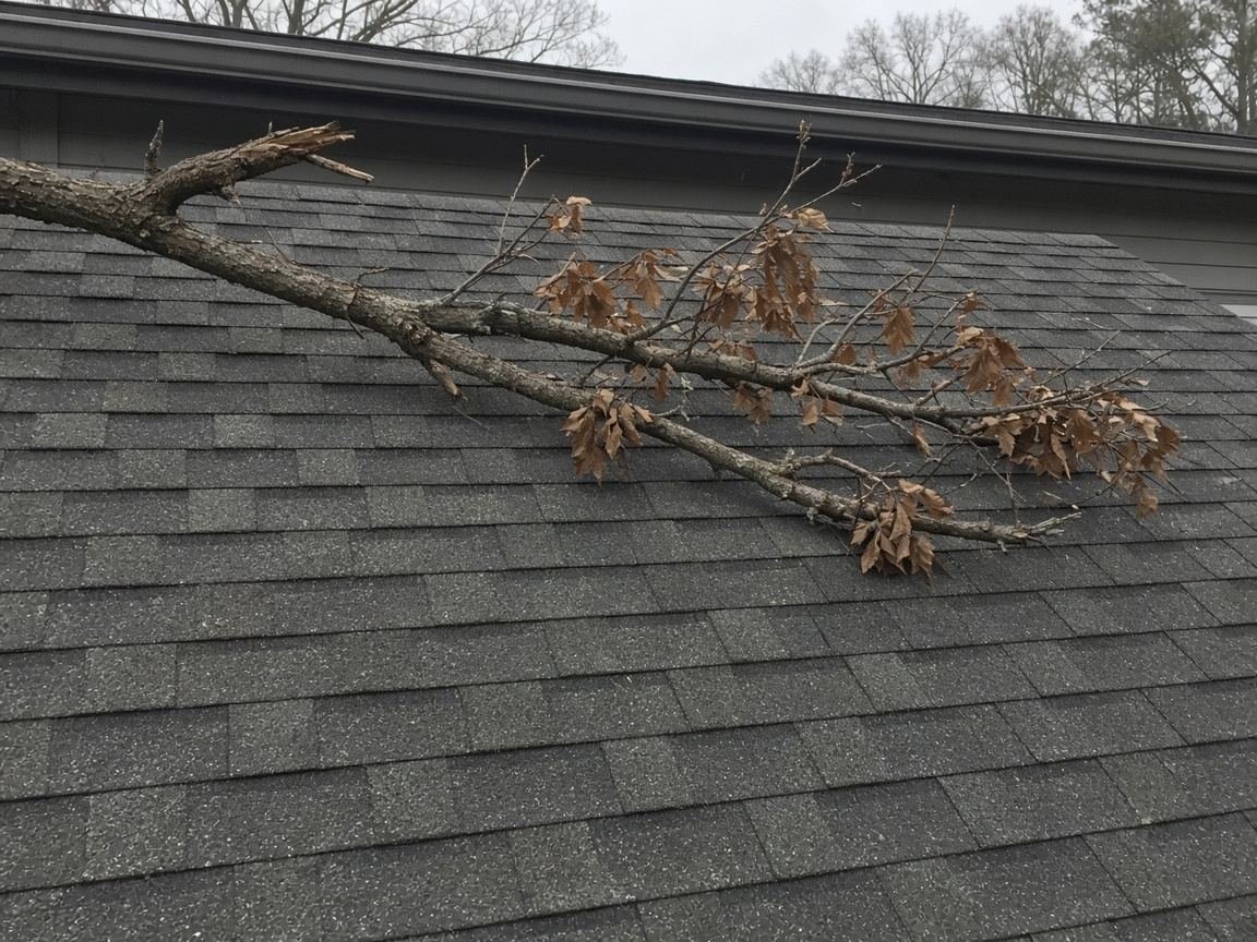 A tree limb lying on asphalt shingles