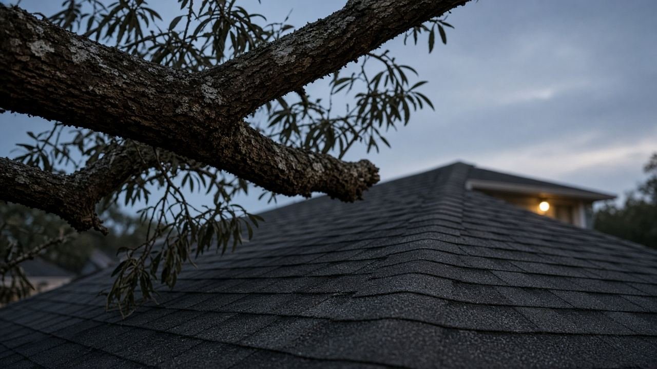 An oak limb above an intact Florida shingle roof