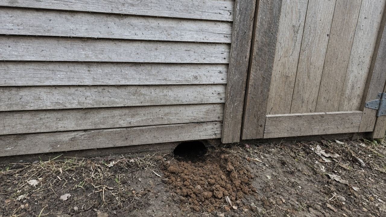 Small burrow and loose dirt under the boards of a shed