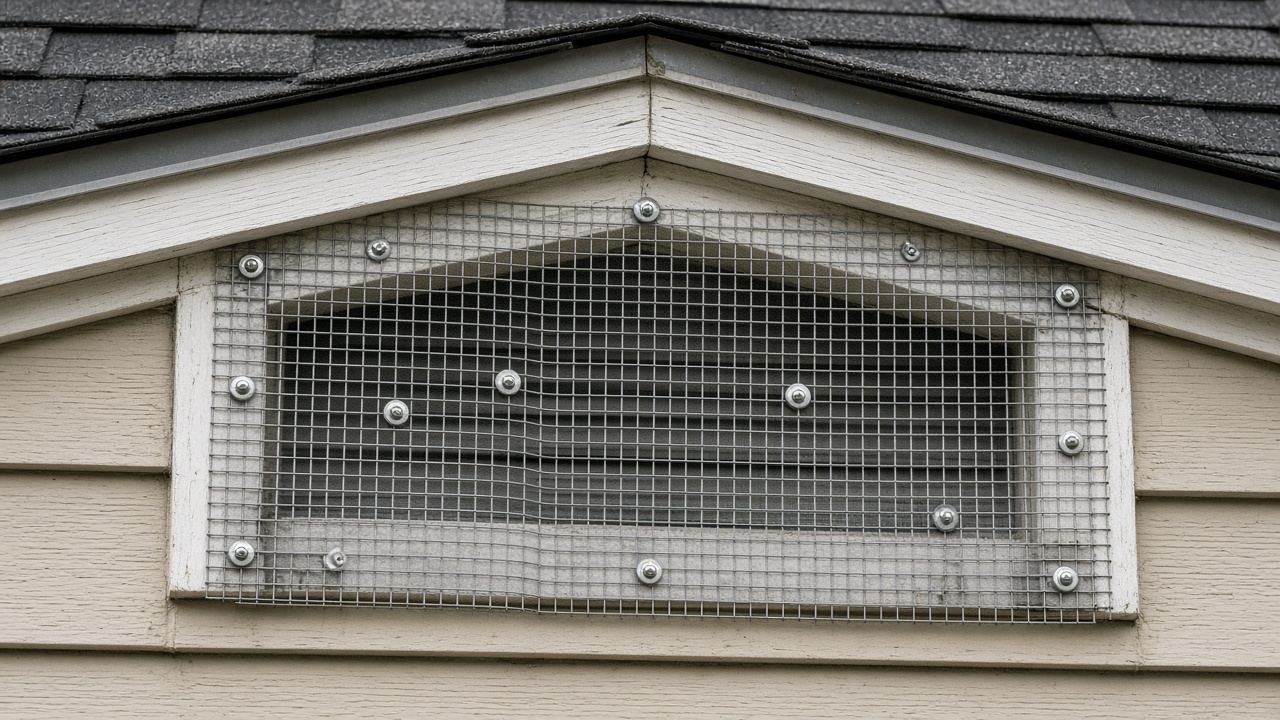 Hardware cloth fastened over a gable vent