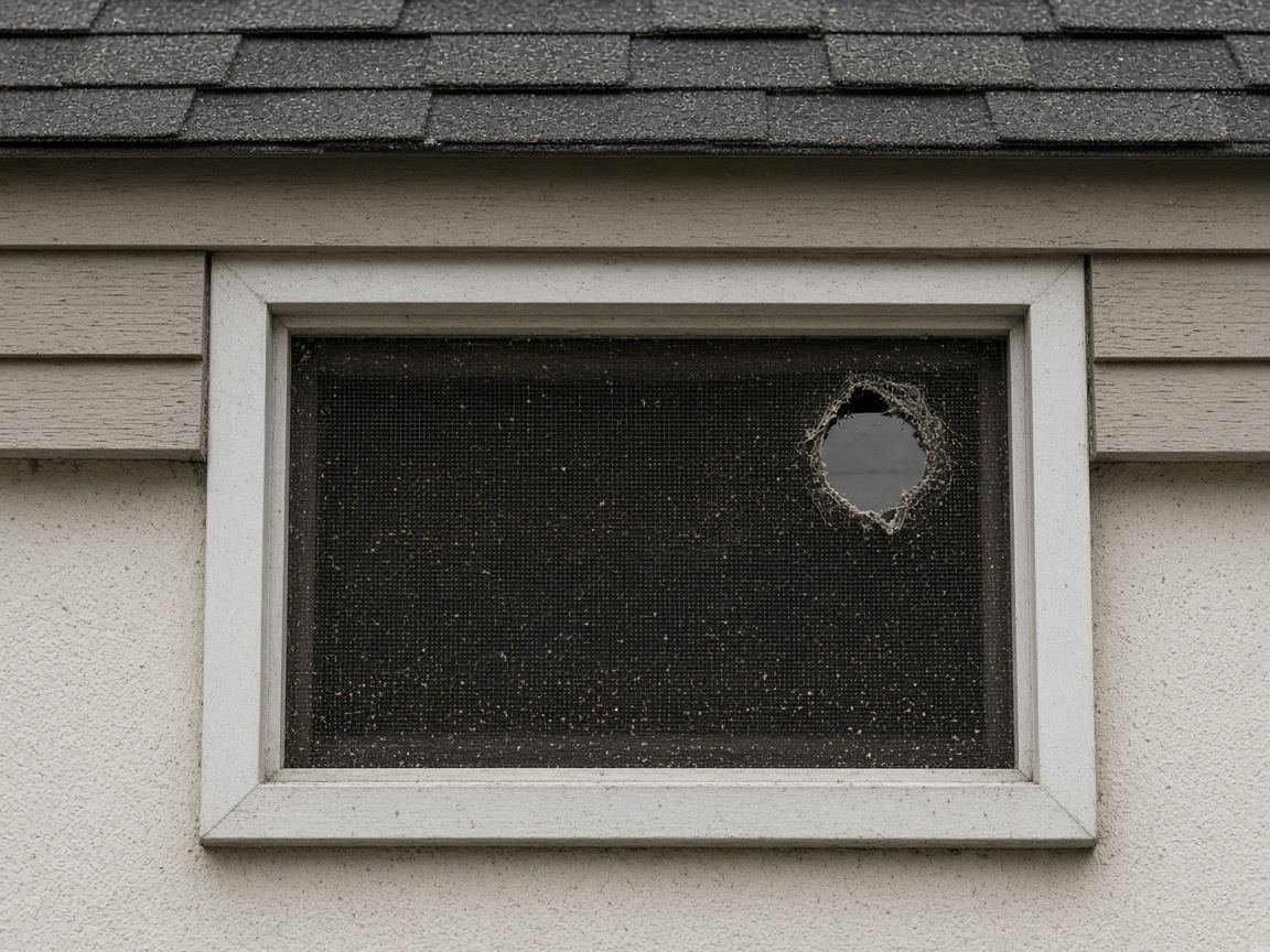 Small ragged hole in a gable vent screen, the rest of the mesh intact